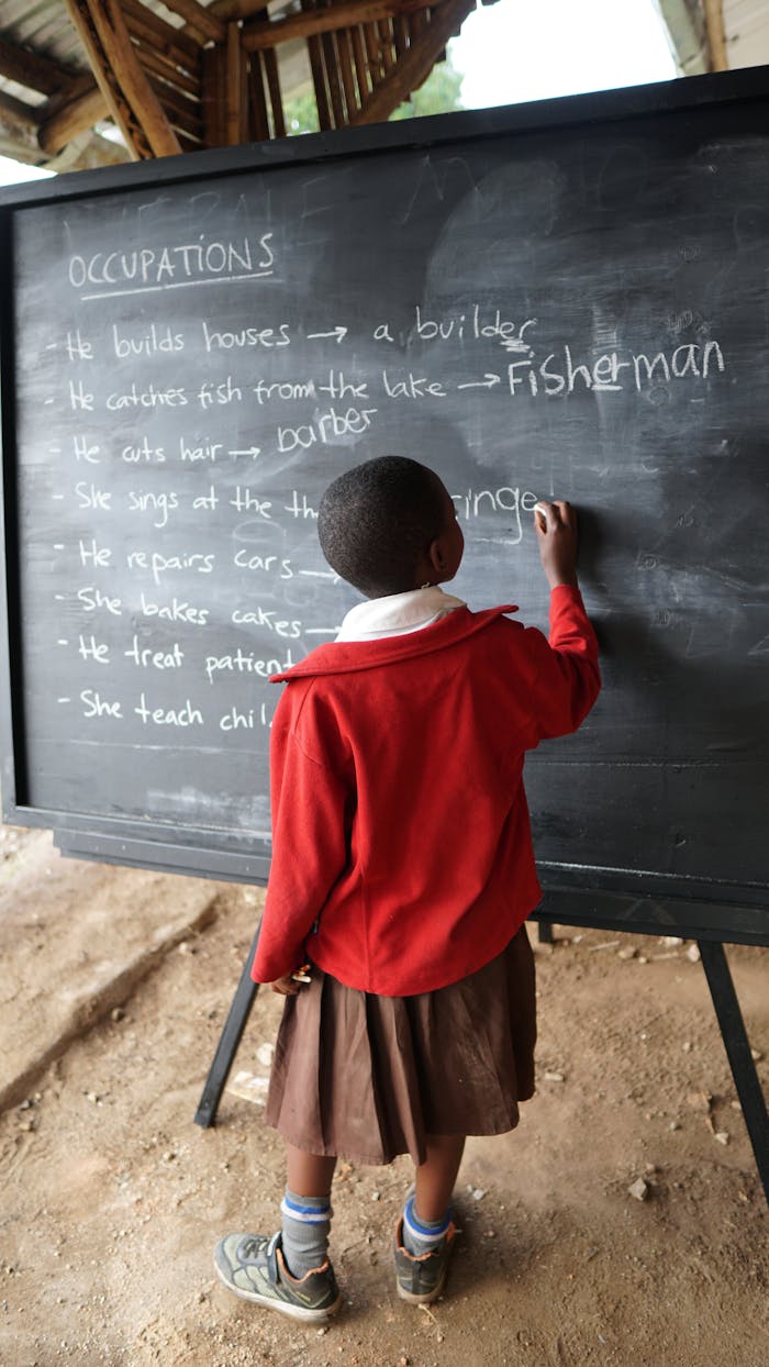 Young student writing on blackboard, practicing occupations in rural classroom setting.